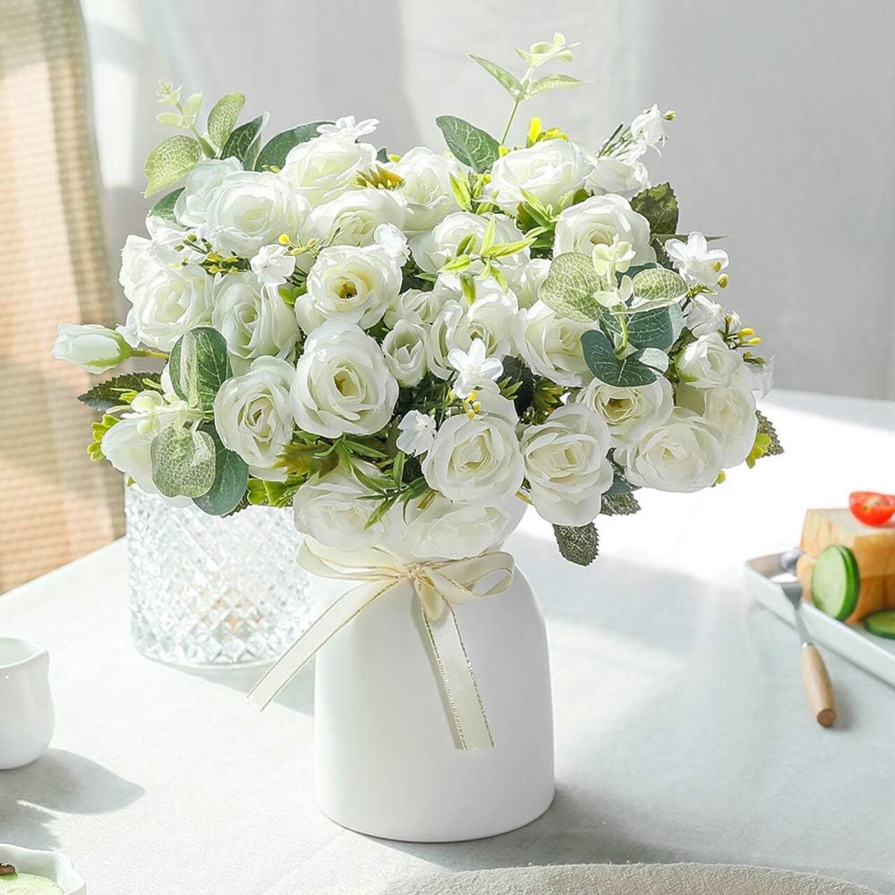 Artificial Silk Rose with Vase Fake Flowers Wedding Flowers Bouquets Arrangement Home Office Party Centerpiece Table Decoration (White)